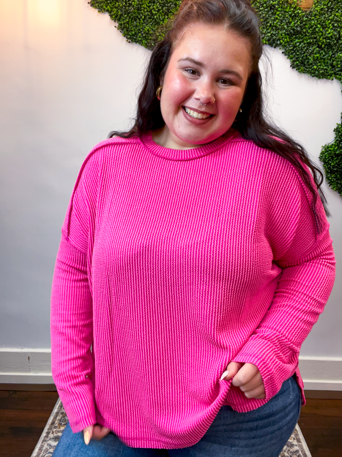 Second Take Raised Rib Long Sleeve Top in Hot Pink