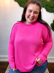 Second Take Raised Rib Long Sleeve Top in Hot Pink