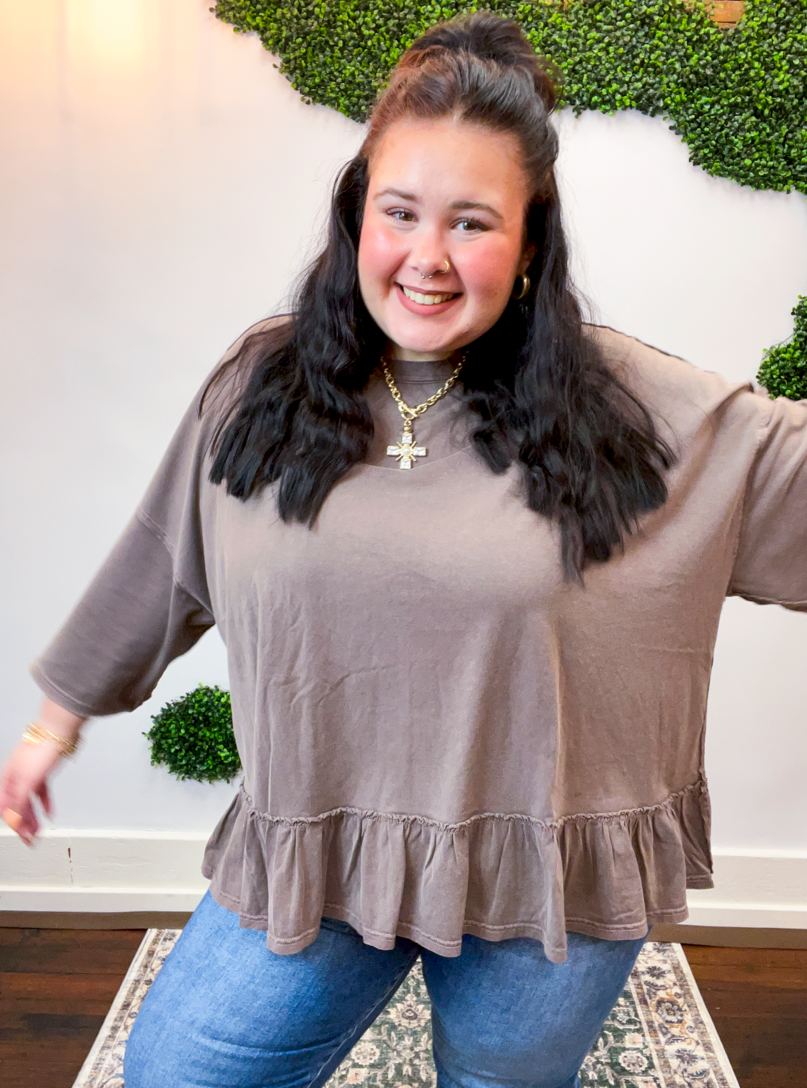 Easel | All Ruffled Up Top in Chocolate