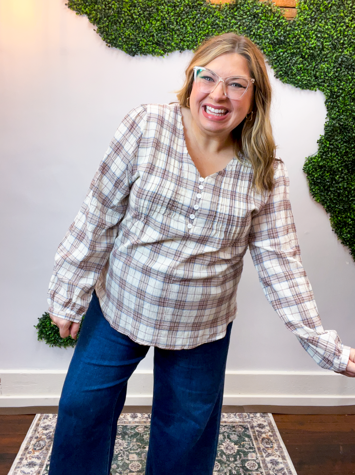 Pin Tuck Plaid Blouse
