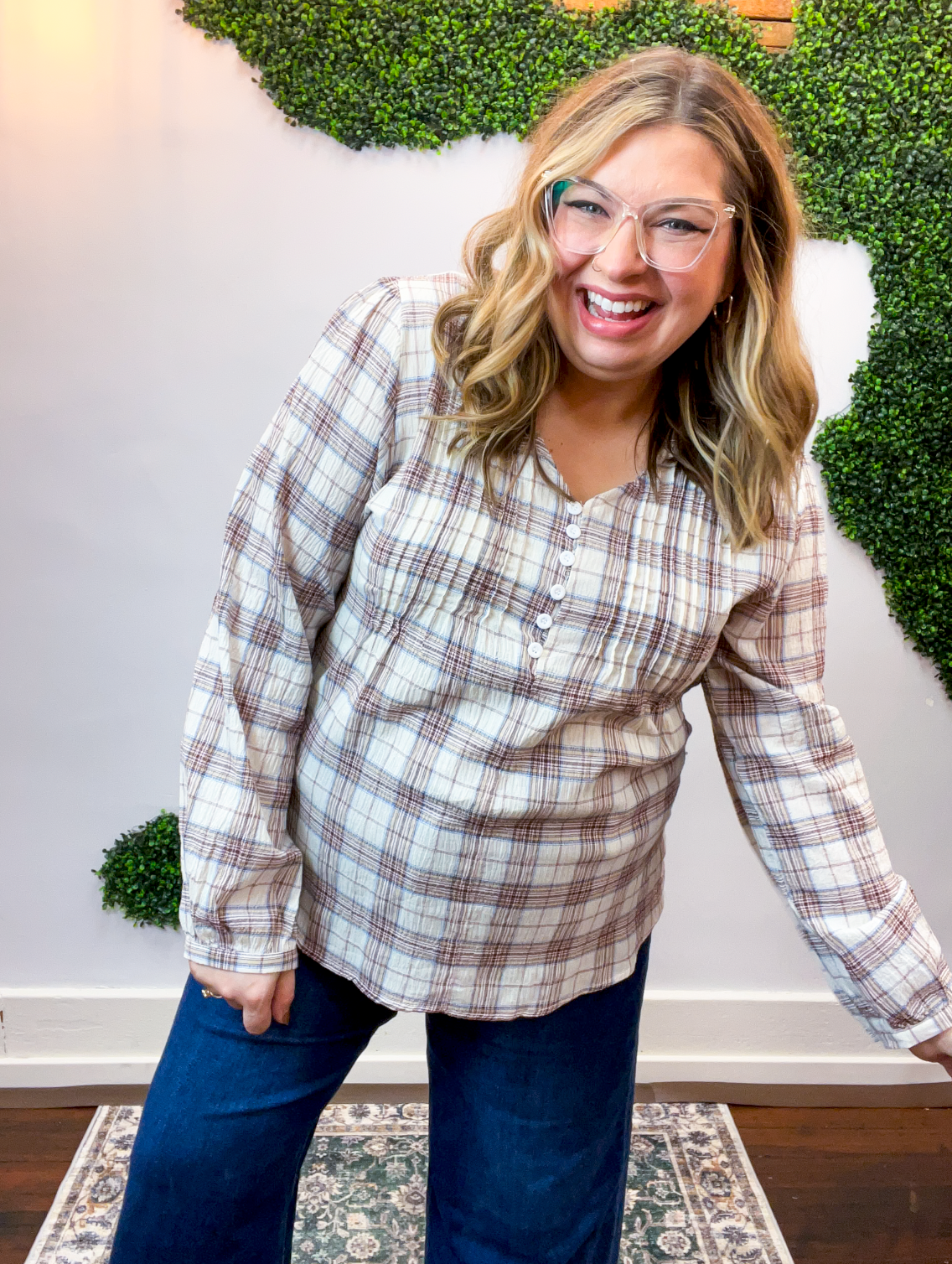 Pin Tuck Plaid Blouse