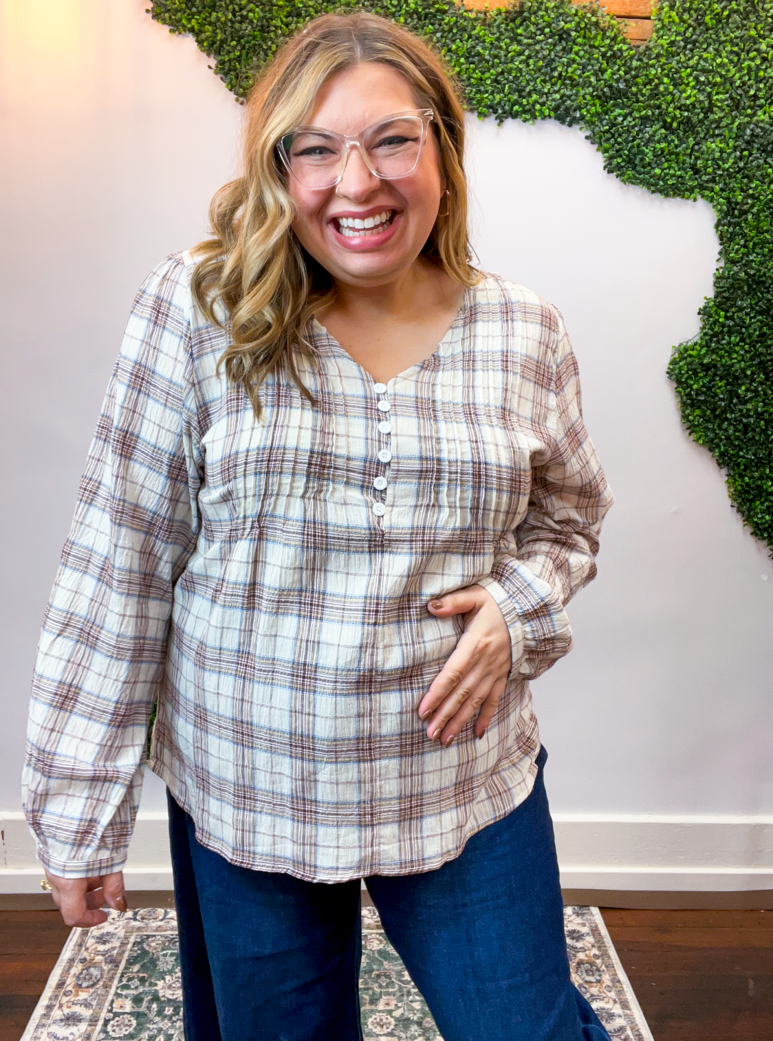 Pin Tuck Plaid Blouse