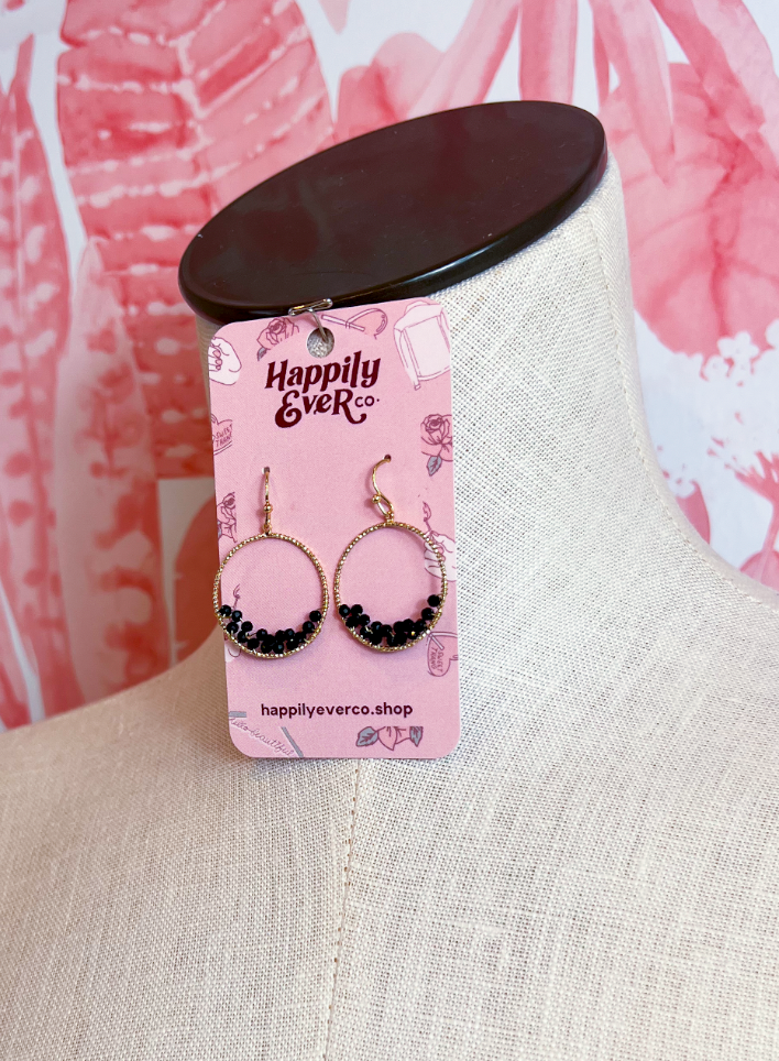 Faceted Bead Wire Hoop Earrings in Black  *Final Sale*