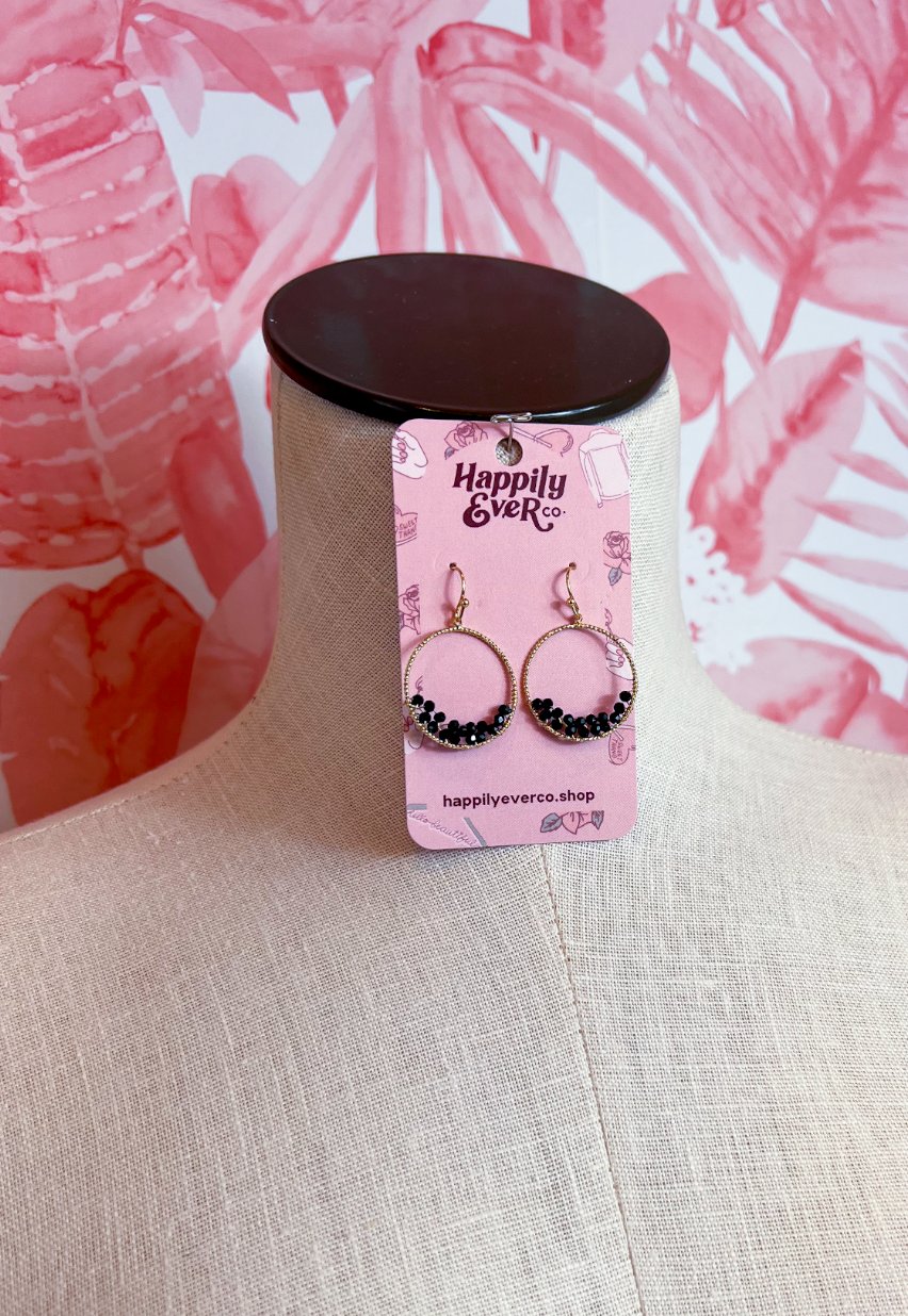 Faceted Bead Wire Hoop Earrings in Black  *Final Sale*