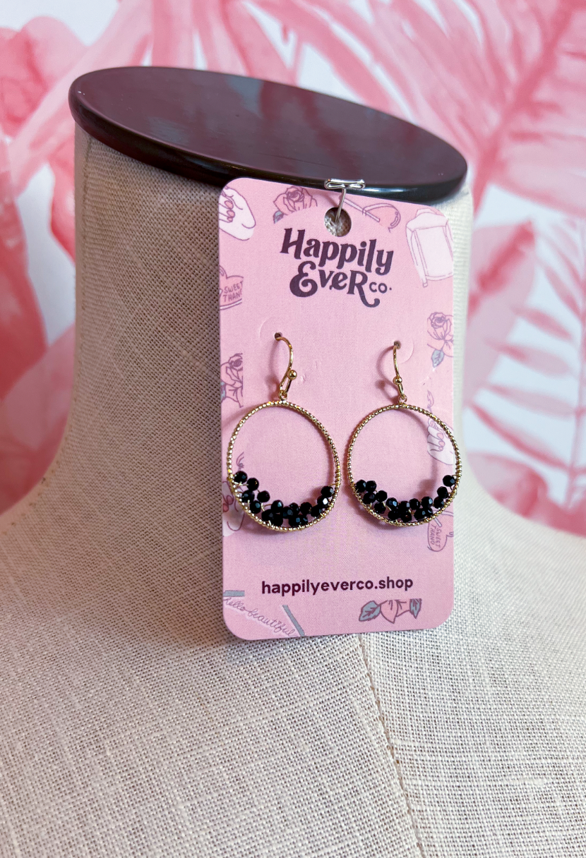 Faceted Bead Wire Hoop Earrings in Black  *Final Sale*