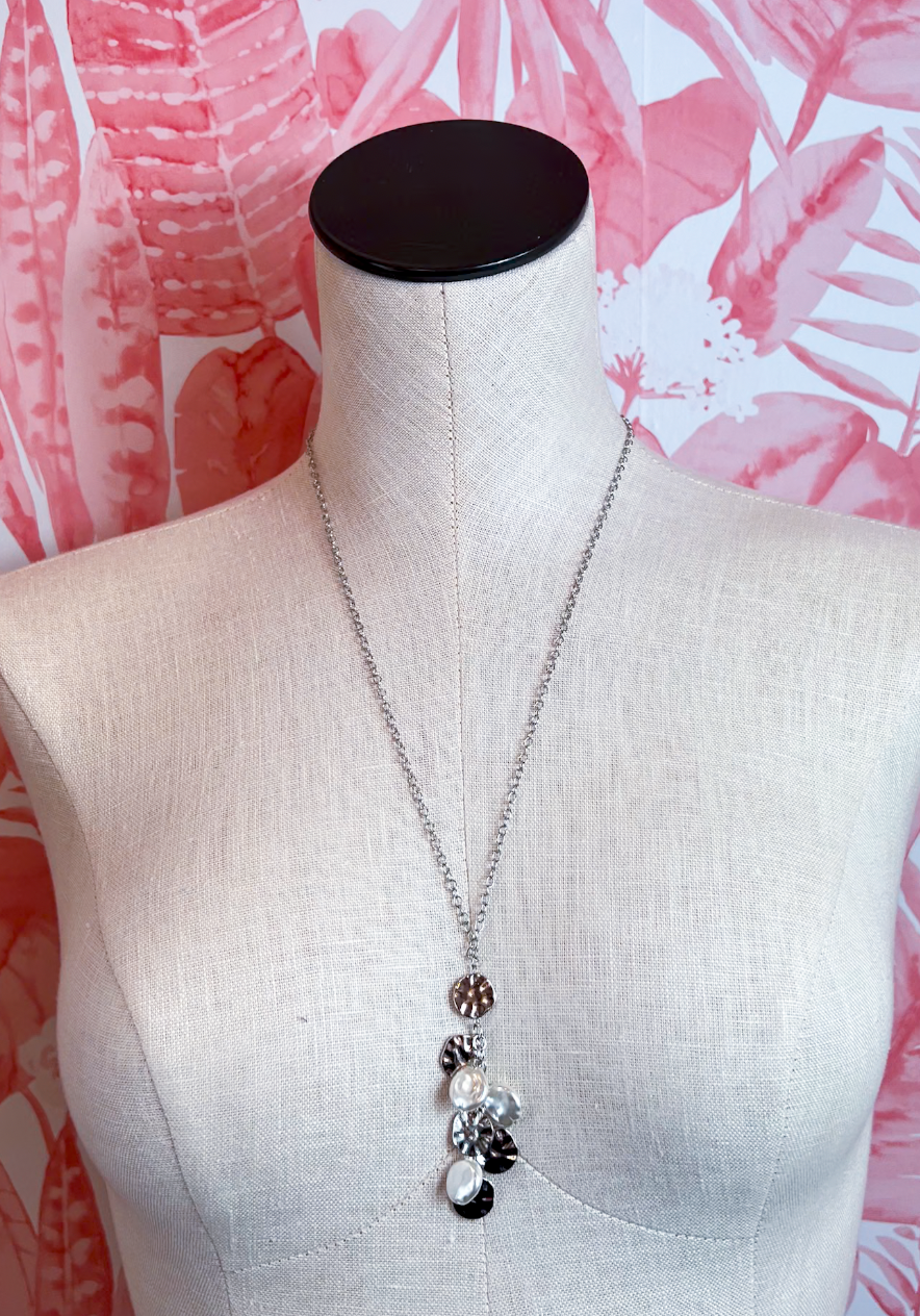 Metal Disc Pearl Cluster Necklace in Silver  *Final Sale*