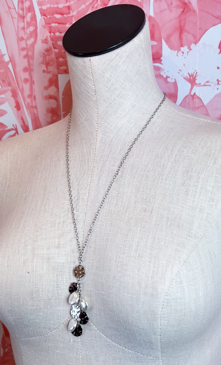Metal Disc Pearl Cluster Necklace in Silver  *Final Sale*