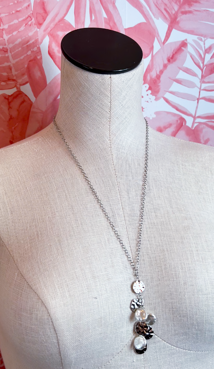 Metal Disc Pearl Cluster Necklace in Silver  *Final Sale*