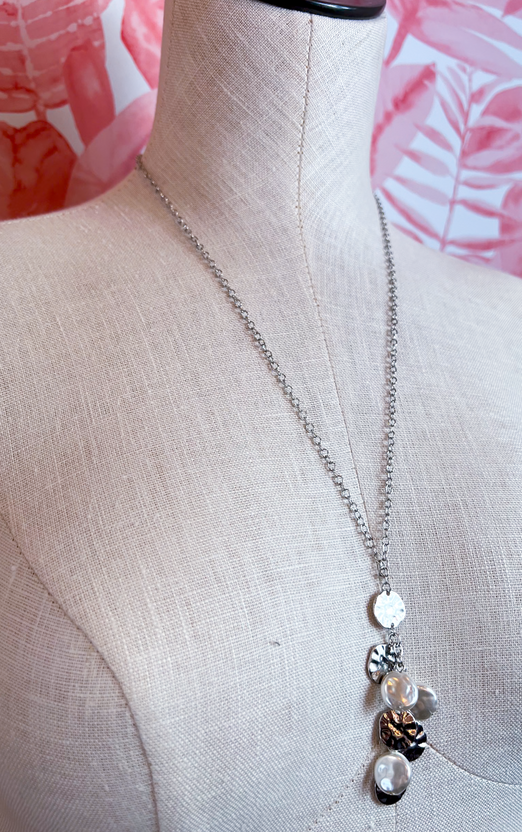 Metal Disc Pearl Cluster Necklace in Silver  *Final Sale*