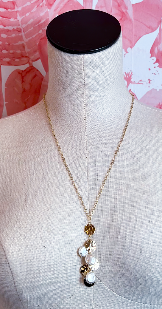Metal Disc Pearl Cluster Necklace in Gold  *Final Sale*