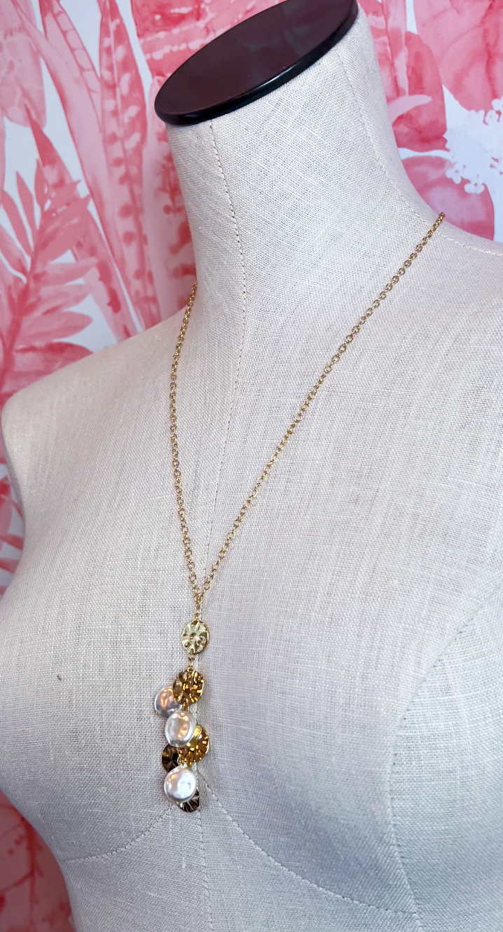 Metal Disc Pearl Cluster Necklace in Gold  *Final Sale*
