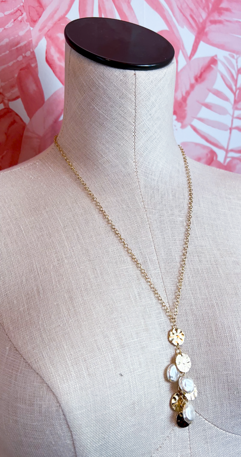 Metal Disc Pearl Cluster Necklace in Gold  *Final Sale*