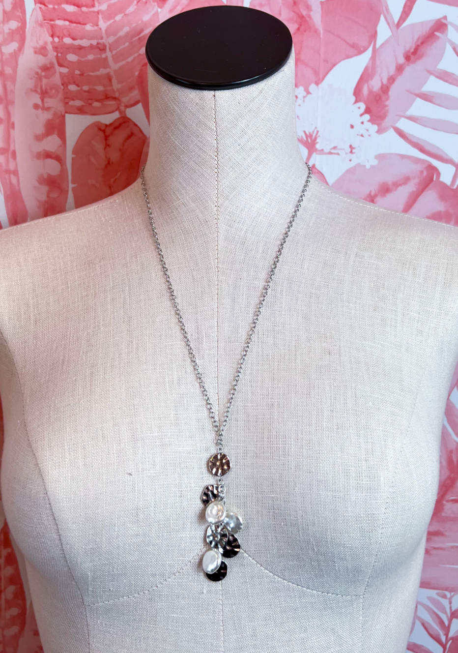 Metal Disc Pearl Cluster Necklace in Silver  *Final Sale*