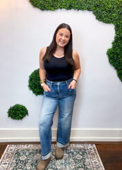 Risen | Slouchy Cropped Boyfriend Jeans with Cuff Detail in Medium Wash