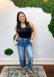 Risen | Slouchy Cropped Boyfriend Jeans with Cuff Detail in Medium Wash