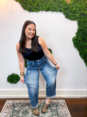 Risen | Slouchy Cropped Boyfriend Jeans with Cuff Detail in Medium Wash