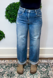 Risen | Slouchy Cropped Boyfriend Jeans with Cuff Detail in Medium Wash