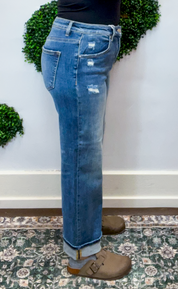 Risen | Slouchy Cropped Boyfriend Jeans with Cuff Detail in Medium Wash