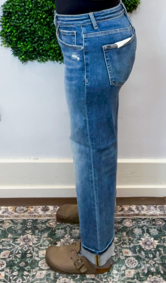 Risen | Slouchy Cropped Boyfriend Jeans with Cuff Detail in Medium Wash