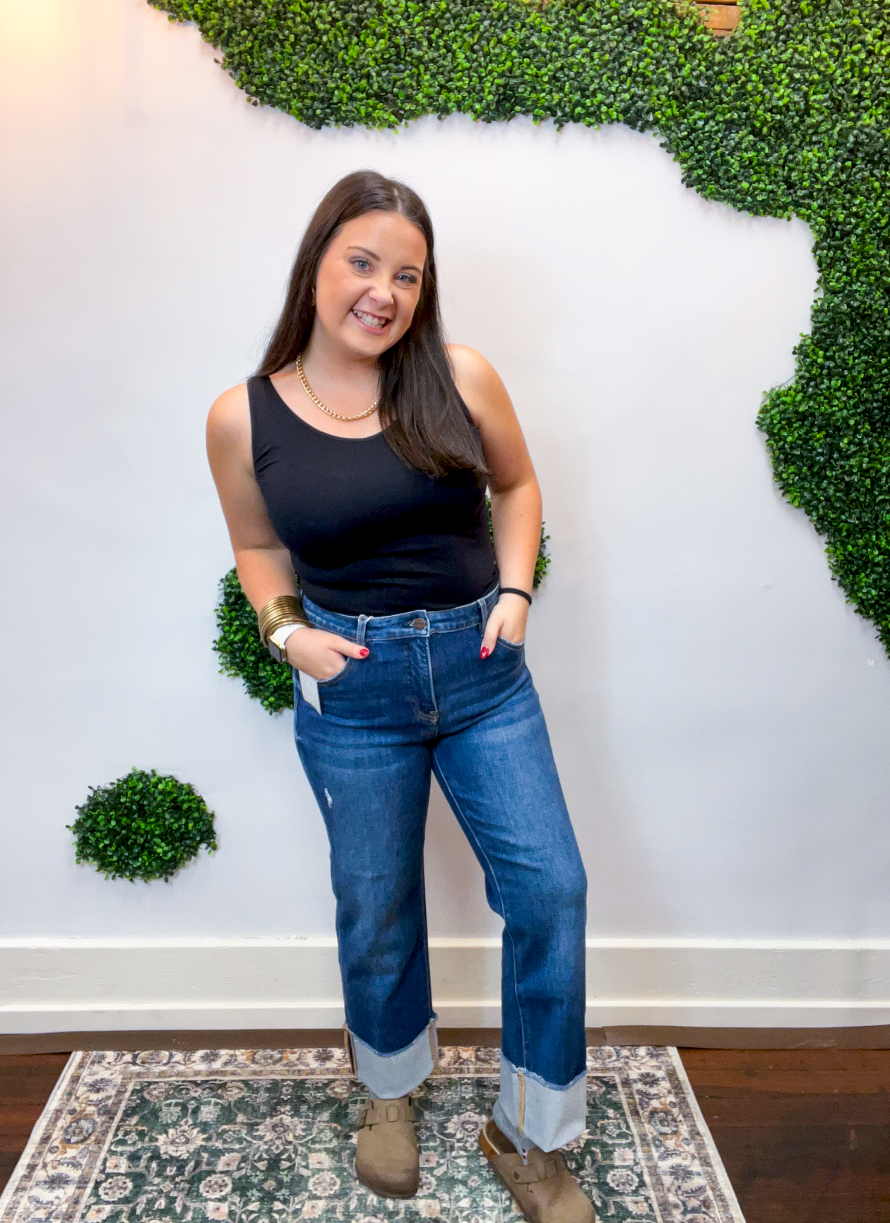 Risen | Tummy Control 4-Way Stretch Mid Rise Crop Straight Cuffed Jeans in Dark Wash