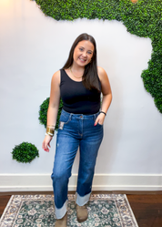 Risen | Tummy Control 4-Way Stretch Mid Rise Crop Straight Cuffed Jeans in Dark Wash