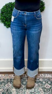 Risen | Tummy Control 4-Way Stretch Mid Rise Crop Straight Cuffed Jeans in Dark Wash