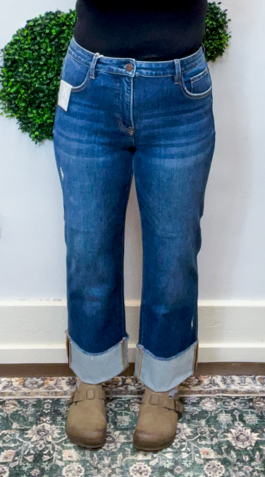 Risen | Tummy Control 4-Way Stretch Mid Rise Crop Straight Cuffed Jeans in Dark Wash