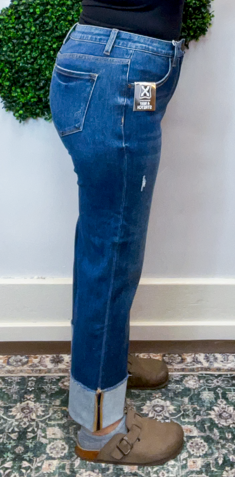 Risen | Tummy Control 4-Way Stretch Mid Rise Crop Straight Cuffed Jeans in Dark Wash