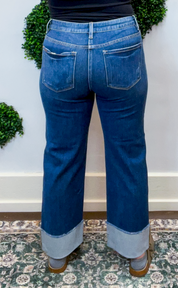 Risen | Tummy Control 4-Way Stretch Mid Rise Crop Straight Cuffed Jeans in Dark Wash