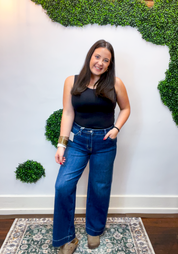 Risen | Mid Rise Ankle Wide Leg Jeans with 4-Way Stretch & Side Seam Details in Dark Wash