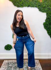 Risen | Mid Rise Ankle Wide Leg Jeans with 4-Way Stretch & Side Seam Details in Dark Wash