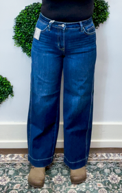 Risen | Mid Rise Ankle Wide Leg Jeans with 4-Way Stretch & Side Seam Details in Dark Wash