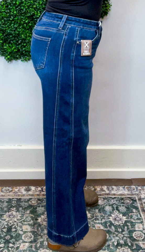 Risen | Mid Rise Ankle Wide Leg Jeans with 4-Way Stretch & Side Seam Details in Dark Wash
