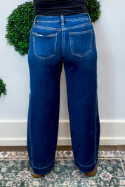 Risen | Mid Rise Ankle Wide Leg Jeans with 4-Way Stretch & Side Seam Details in Dark Wash