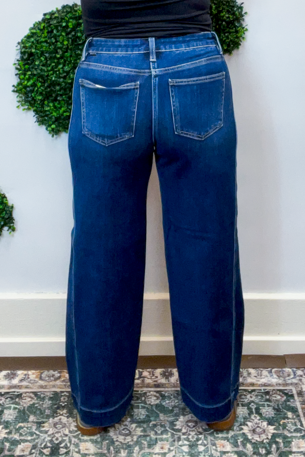 Risen | Mid Rise Ankle Wide Leg Jeans with 4-Way Stretch & Side Seam Details in Dark Wash
