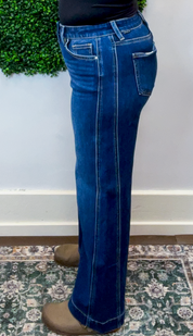 Risen | Mid Rise Ankle Wide Leg Jeans with 4-Way Stretch & Side Seam Details in Dark Wash