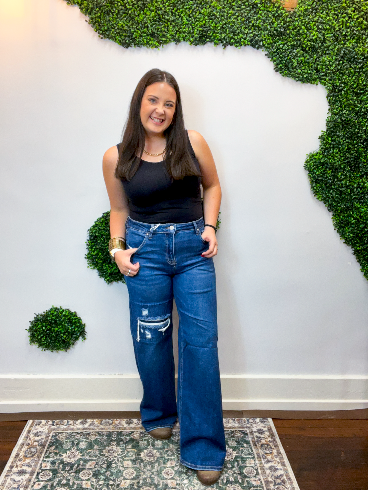 Risen | High Rise Wide Leg Jeans with Distressing & Hidden Patch Detail in Dark Wash