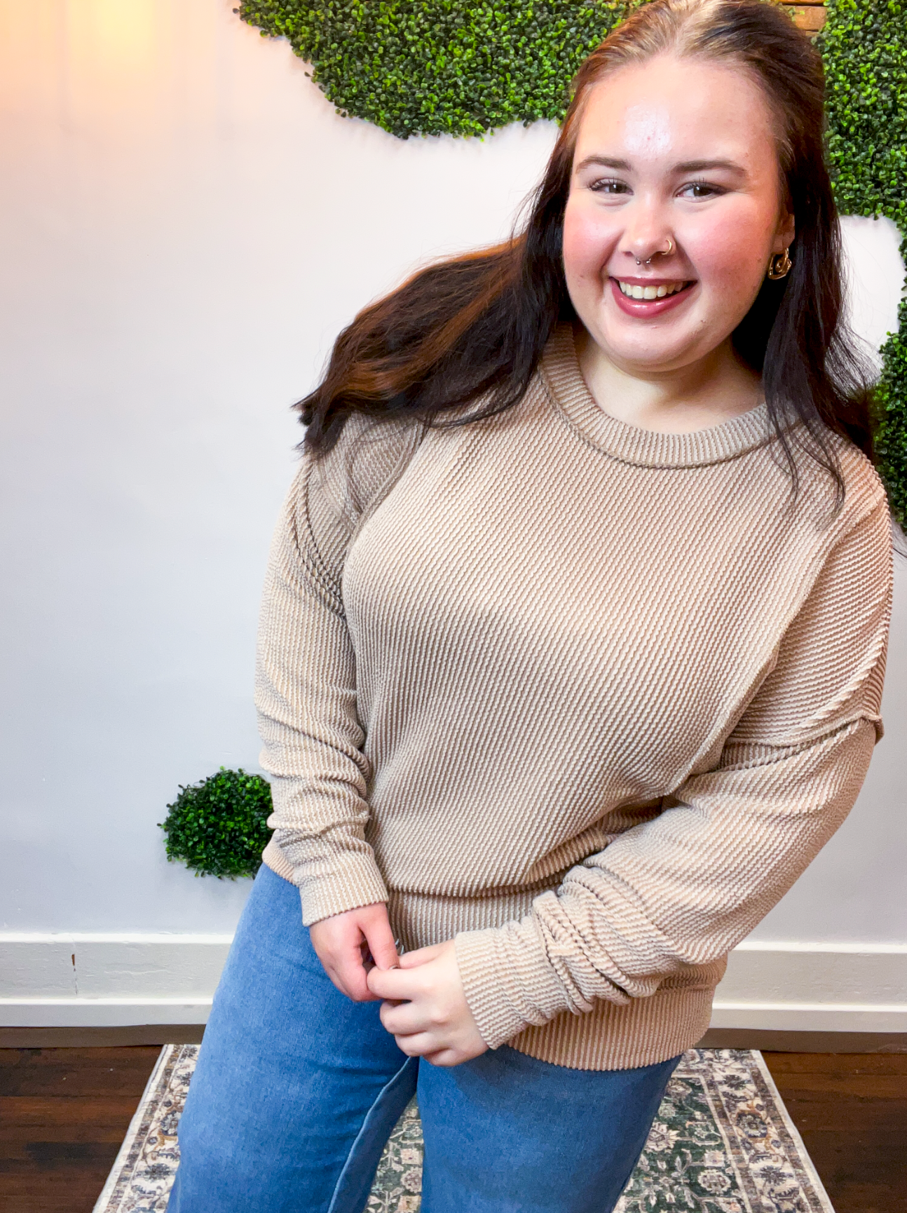 Effortless Edge Raised Rib Pullover in Mocha