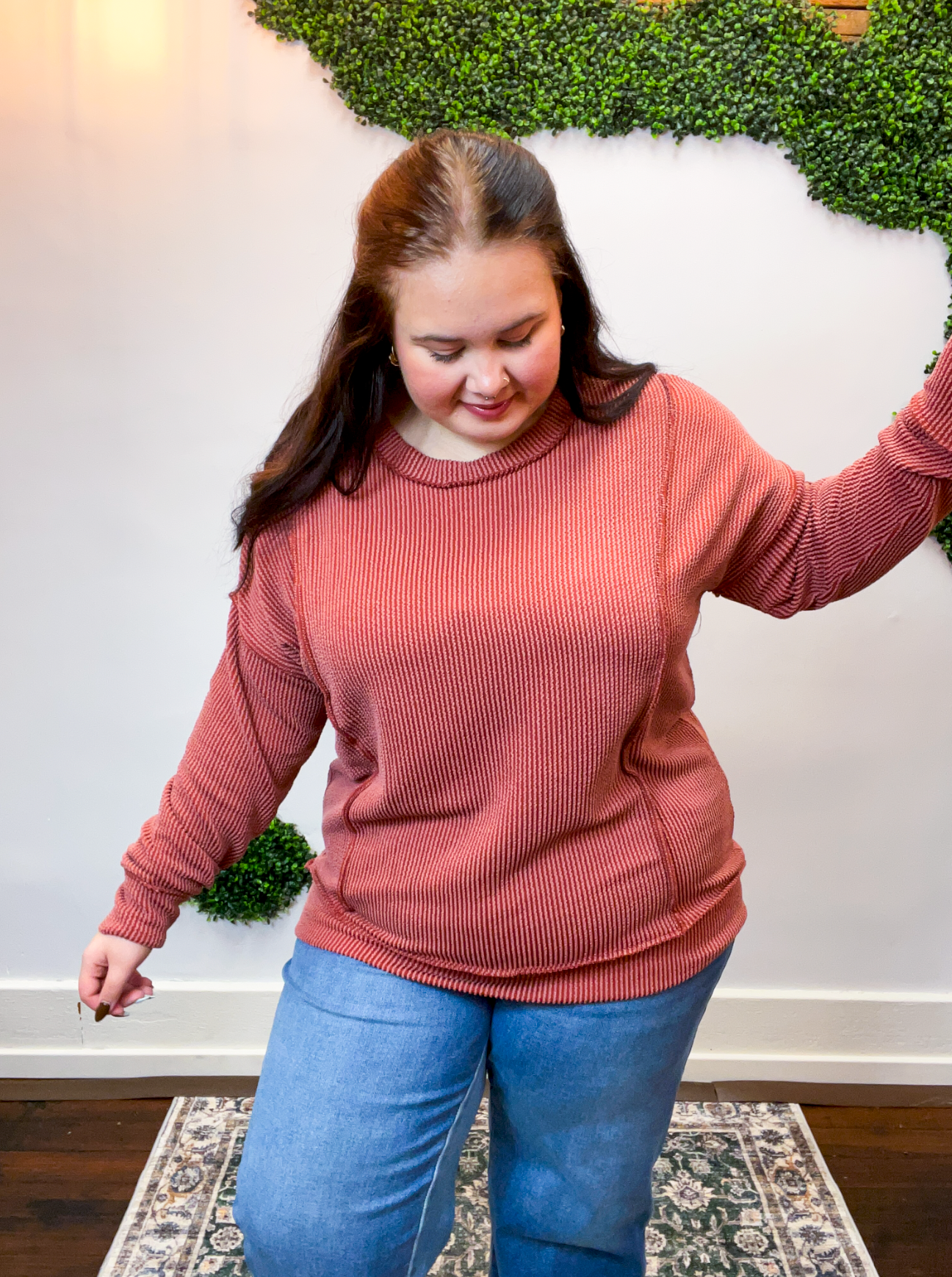 Effortless Edge Raised Rib Pullover in Rust