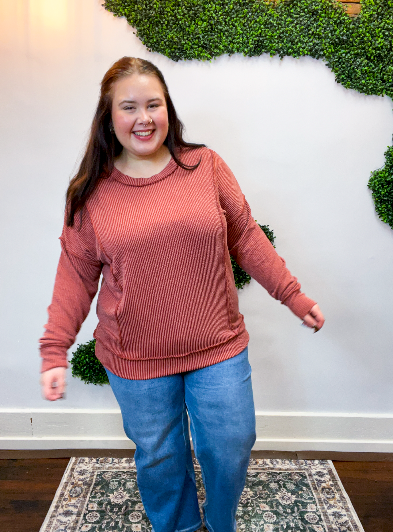 Effortless Edge Raised Rib Pullover in Rust