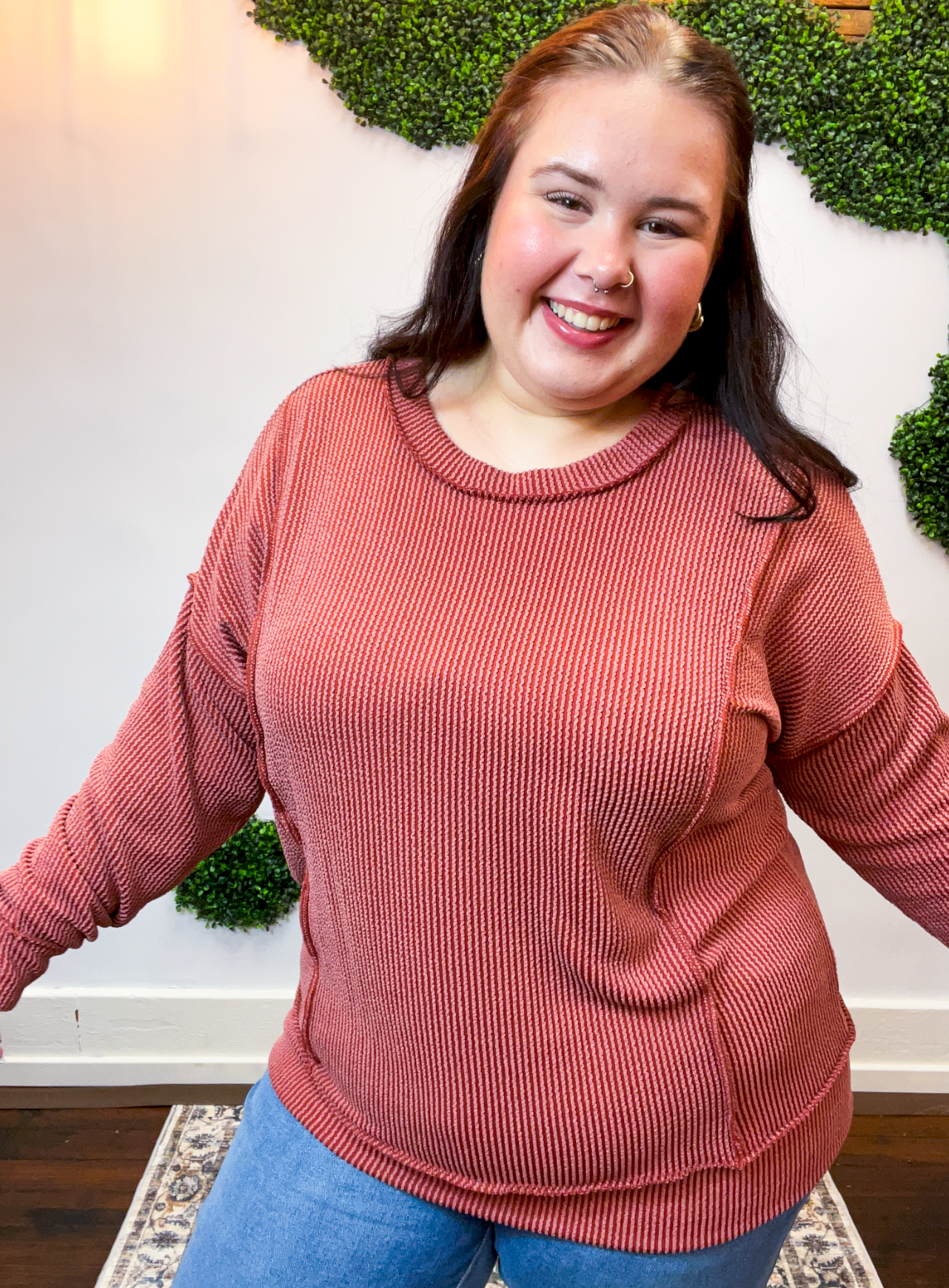 Effortless Edge Raised Rib Pullover in Rust