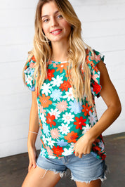 Follow Me Emerald Floral Print Double Ruffle Sleeve Top