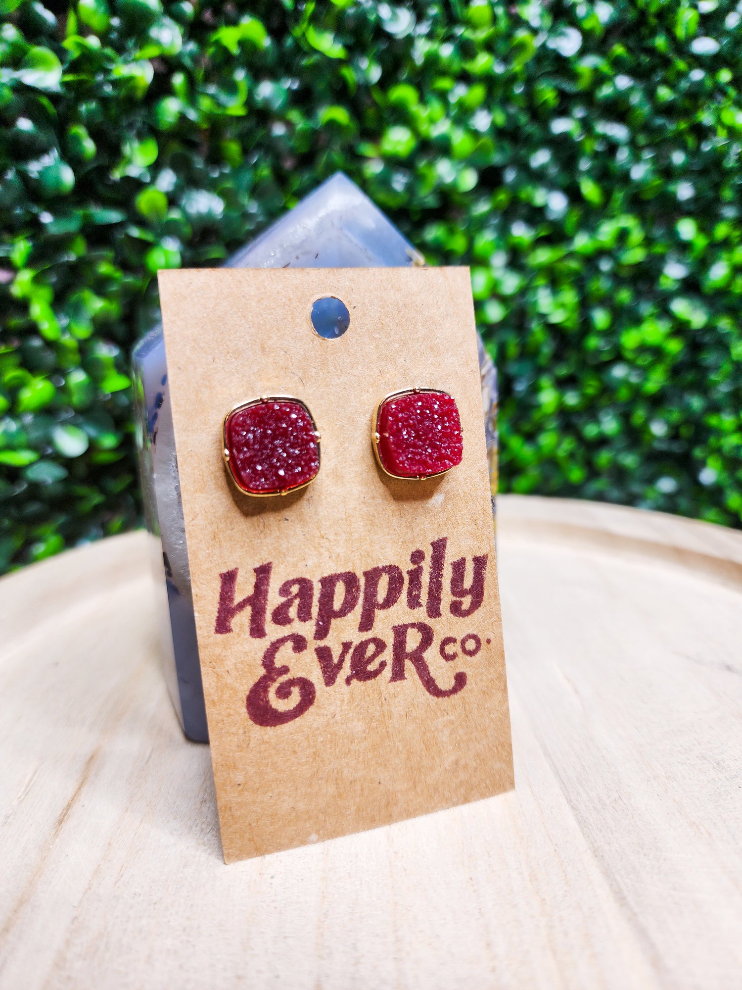 Square Faux Druzy Stud Earrings - Burgundy *Final Sale*