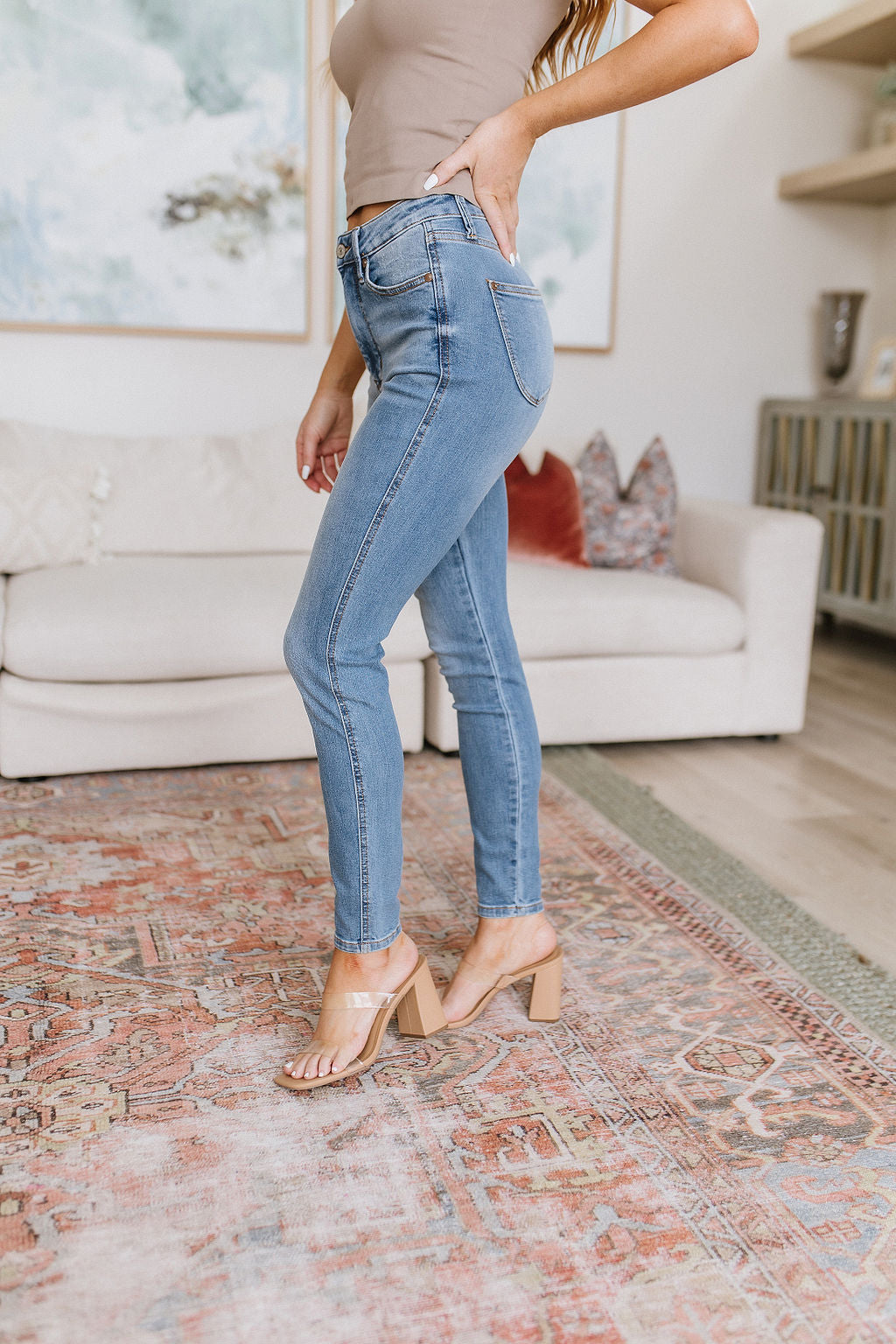 High Rise Tummy Control Shield Pocket Skinny Judy Blue Jeans