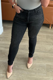 High Rise Tummy Control Skinny Judy Blue Jeans in Washed Black