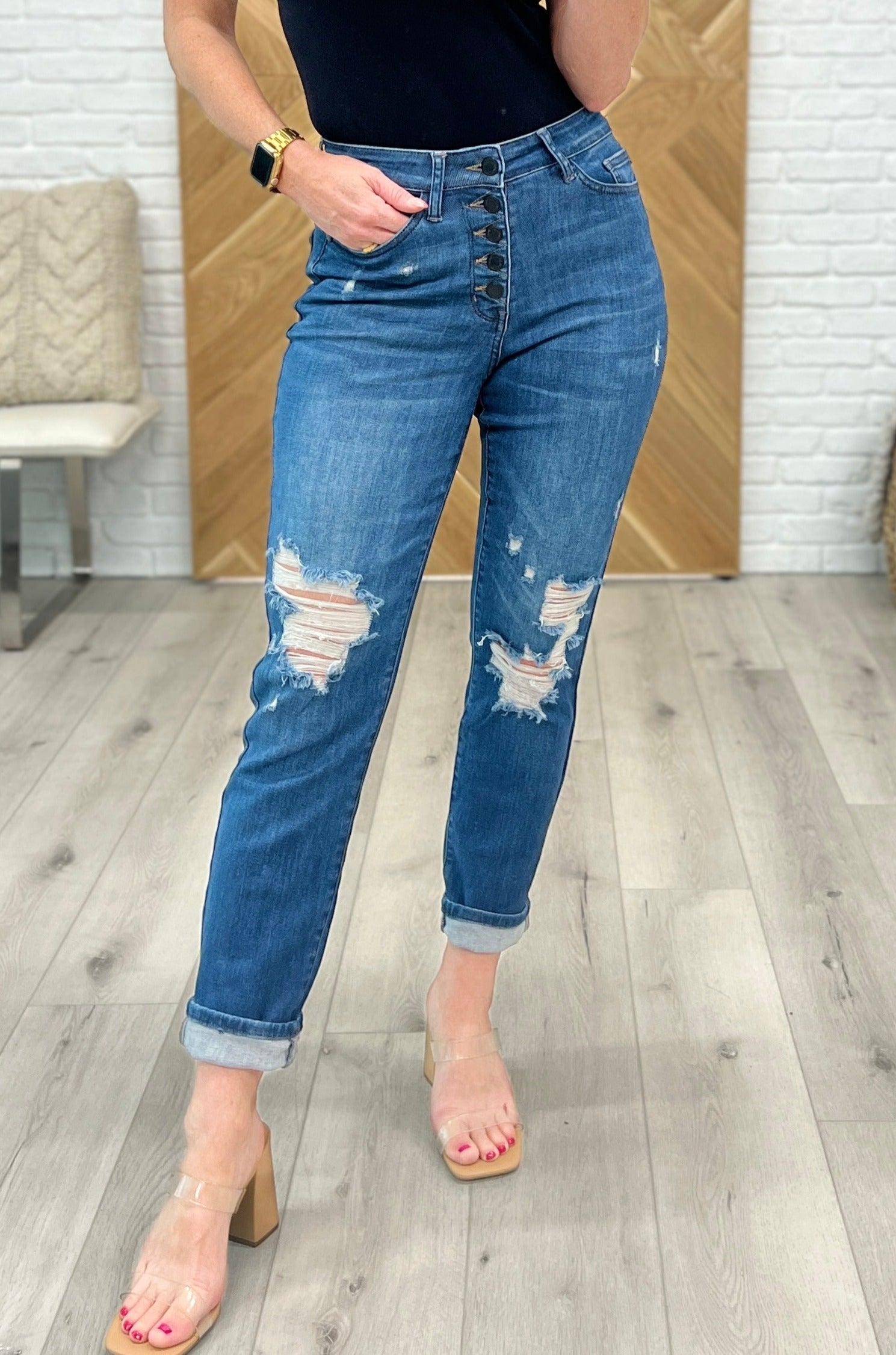 High Rise Button Fly Distressed Boyfriend Judy Blue Jeans
