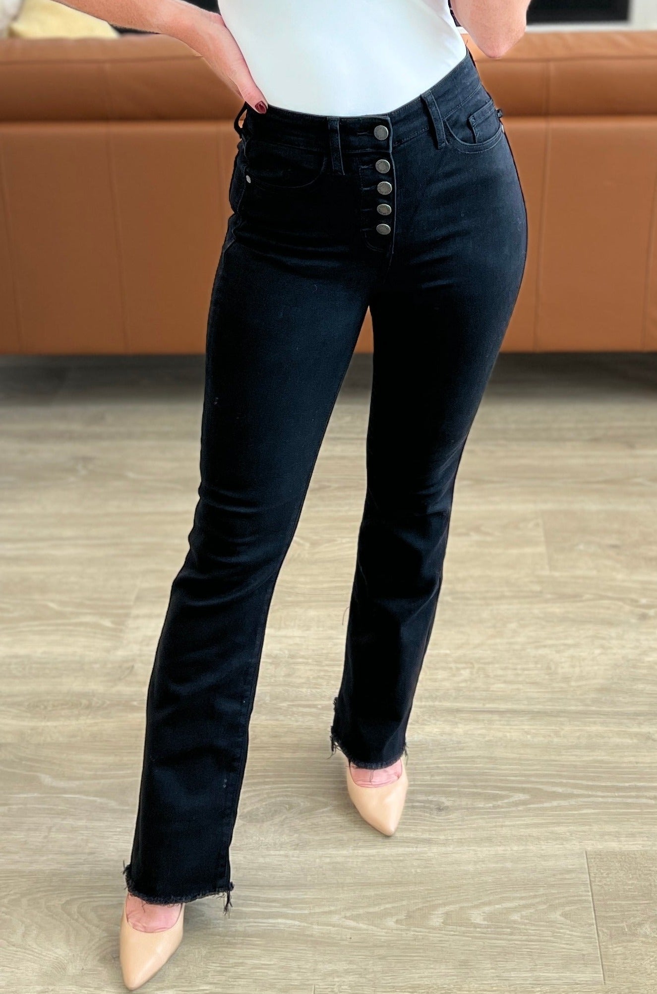 High Rise Button Fly Bootcut Judy Blue Jeans in Black
