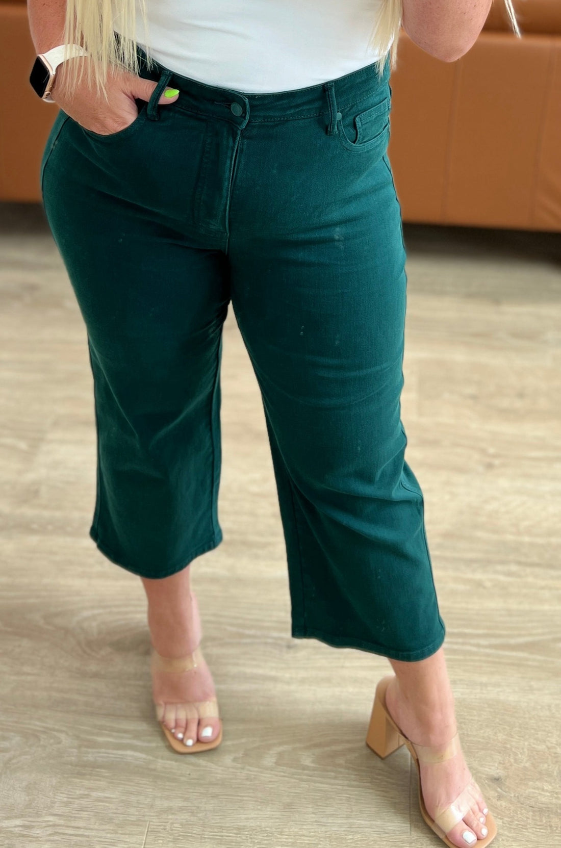 High Rise Tummy Control Wide Leg Crop Judy Blue Jeans in Teal