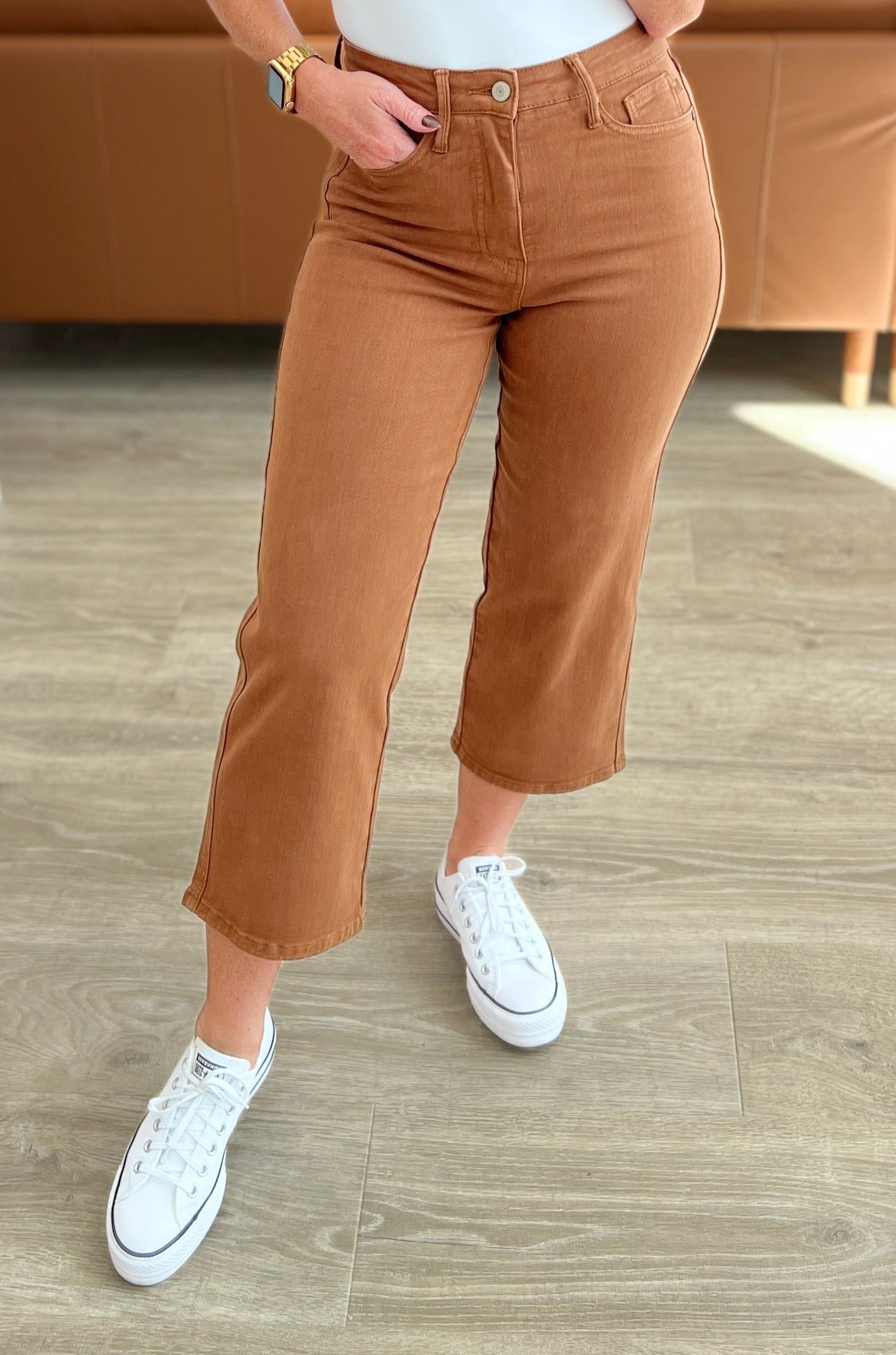 High Rise Tummy Control Wide Leg Crop Judy Blue Jeans in Camel