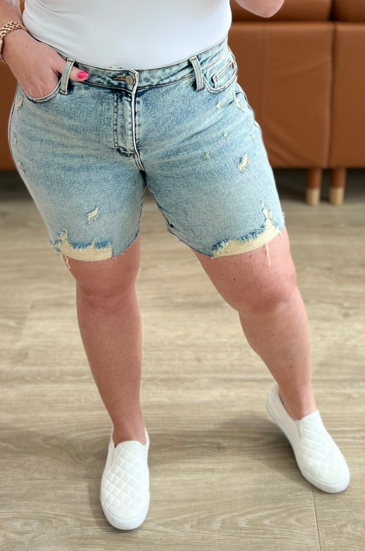 High Rise Mineral Wash Distressed Boyfriend Judy Blue Shorts – happily ever  co